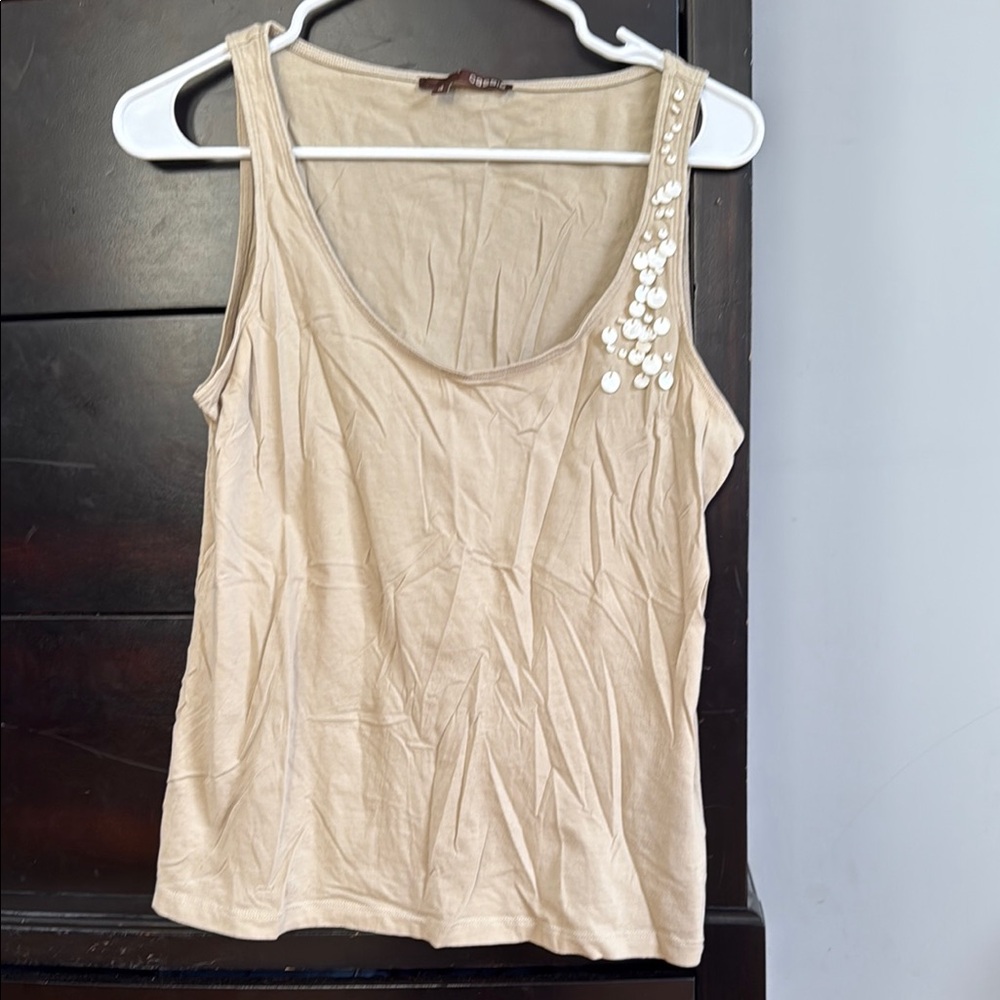 Cream Tan Fitted Embellished Sleeveless Tank Top